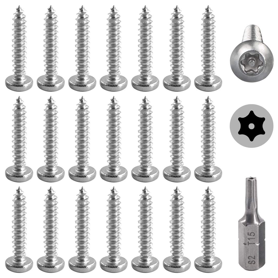 Hilitchi 50 Pcs #6 x 3/4” Stainless Steel Button Head Torx Sheet Metal Screws Security Silver Screws Anti-Theft Tamper Proof with Bit T15