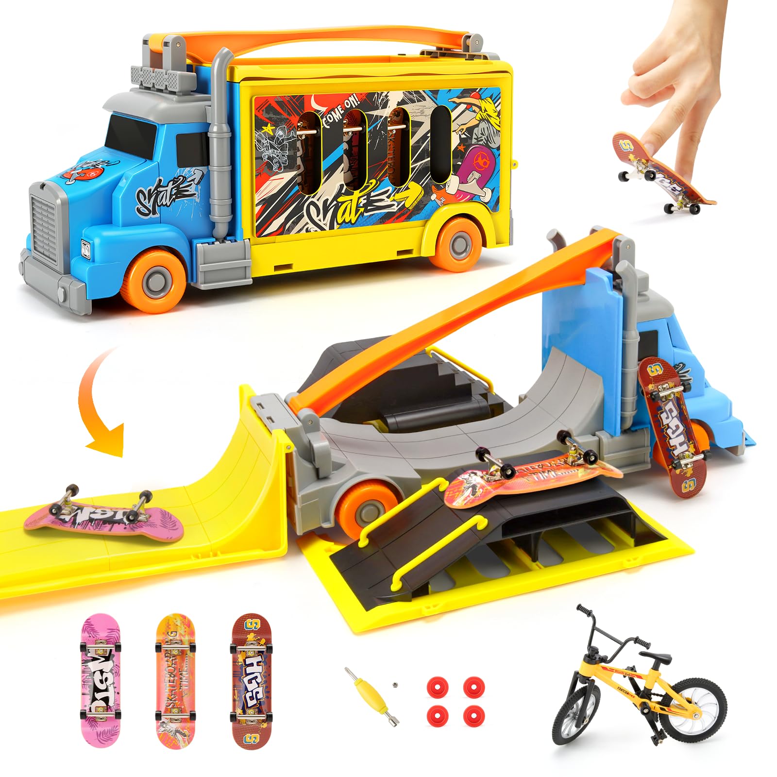 Aolieh Finger Skateboard Ramp Set, Fingerboard Skateboard Ramps Transforming Truck Toys Ultimate Parks Training Props Including Mini Skateboards and Bikes, Kids Toy for Ages 6 and up