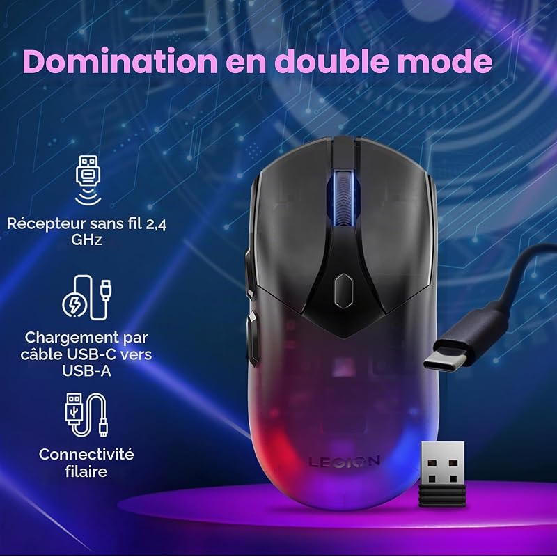 Legion M410 Souris de Gaming sans Fil RGB (6 Boutons, lumière RVB à 2 Zones, 16 000 dpi, 400 IPS, Batterie Rechargeable de 53 Heures, Compatible avec Nvidia Reflex) - Noir Transparent