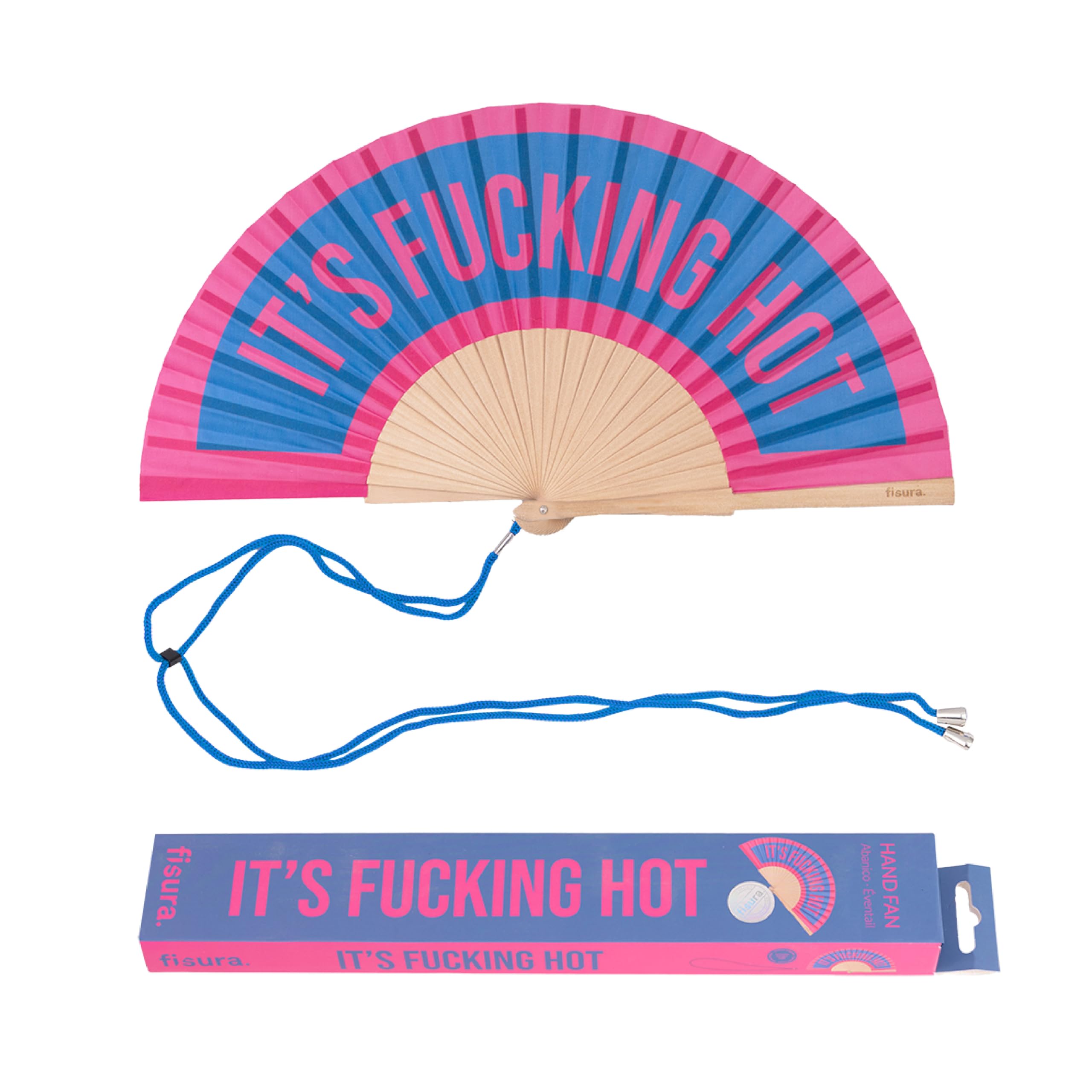 FISURA – Original Folding Handheld Fan with Fun Message “It´s f*cking hot”, Wooden Folding Fan for Women, Pink and Blue Design with Hanger for Wedding, Rave, Festival - Size: 42.5 x 23 cm