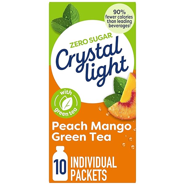 CRYSTAL LIGHT DRINK MIX, 10 PACKETS, FOR CONVENIENT ON-THE-GO FLAVORFUL HYDRATION, NATURALLY FLAVORED WITH OTHER NATURAL FLAVOR PEACH MANGO GREEN TEA, ZERO SUGAR, 0.8 OZ