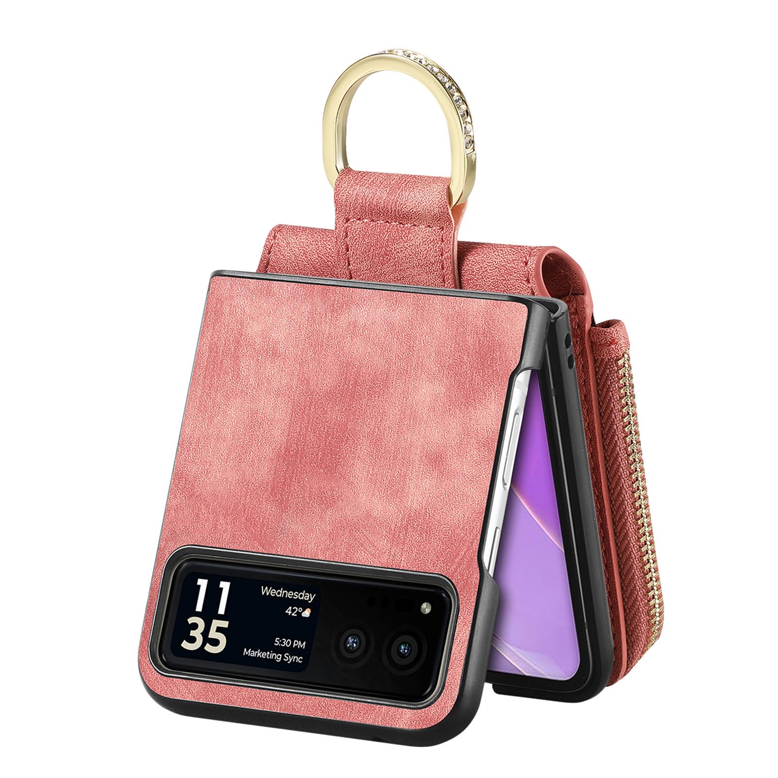 COQUE Shell Motorola Razr 40 Protective Cover,Magnetic Folding Zipper Wallet Card Slot Mobile Phone Leather Case for Motorola Razr 40-Pink
