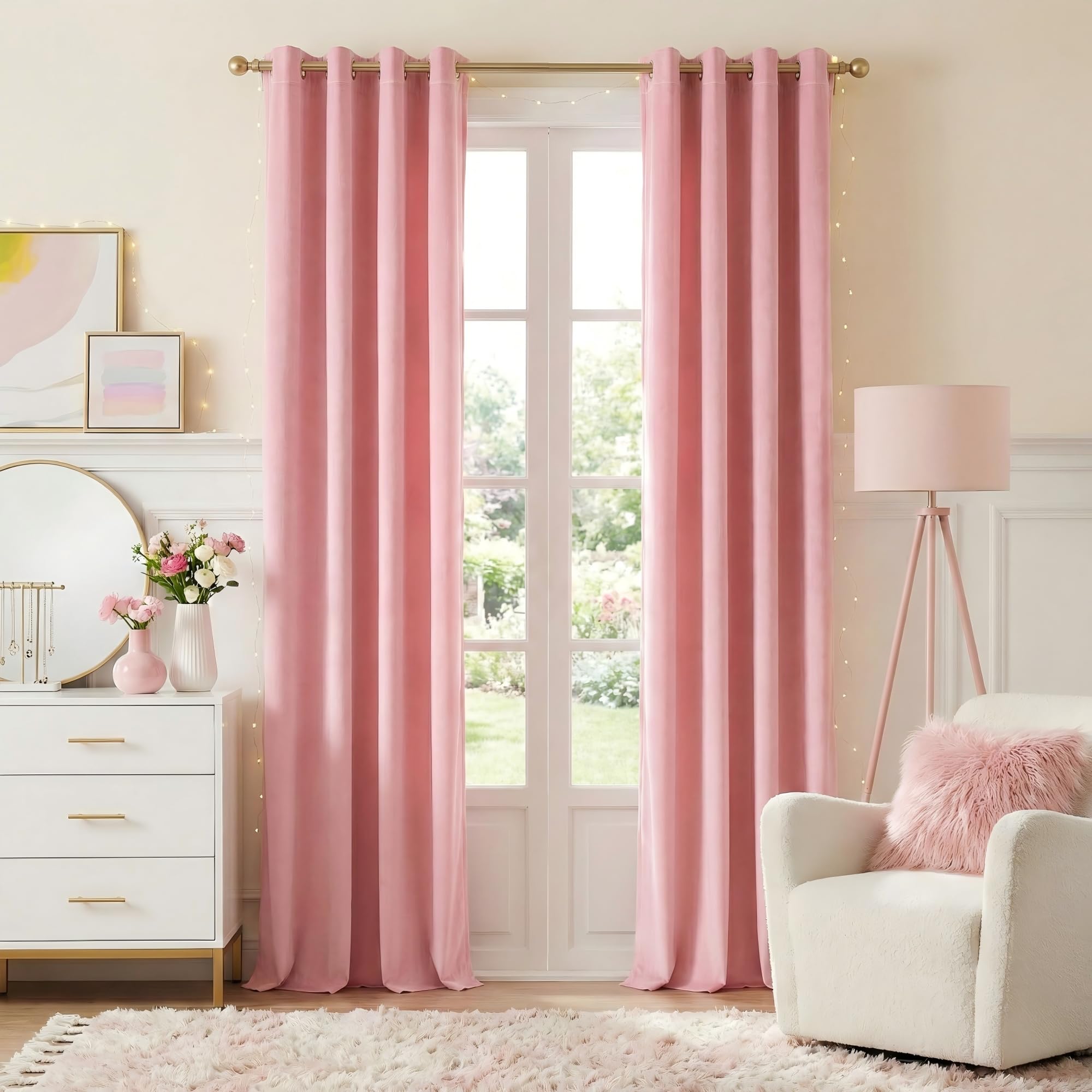 NICETOWN Baby Pink Velvet Curtains 84 inch Long for Girls - Room Darkening Thermal Insulating Soft Window Curtains for Bedroom Living Room Home Door, W52 x L84, 2 Panels Image