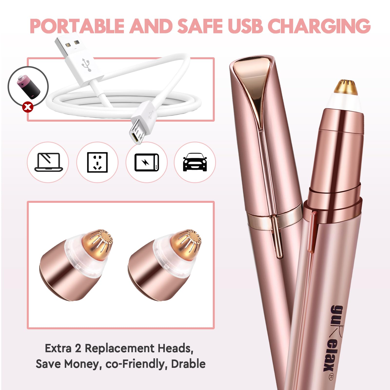 Eyebrow Trimmer for Women, Rechargeable Eyebrow Hair Remover, Painless Electric Razor with 2 x Replacement Heads, Eye Brow and Face Epilator Hair Removal (Rose Gold)