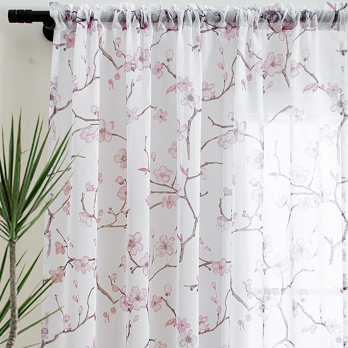 Linentalks Floral Pink Sheer Curtains 84 Inches Long, Cherry Flower Pattern Semi Sheer Blush Curtain Drapes for Living Room, Rod Pocket Window Panels for Bedroom Set of 2 Pcs