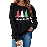 Merry and Bright Sweatshirts Women Funny Leopard Printed Plaid Christmas Trees Long Sleeve Shirt Xmas Graphic Pullover Tops