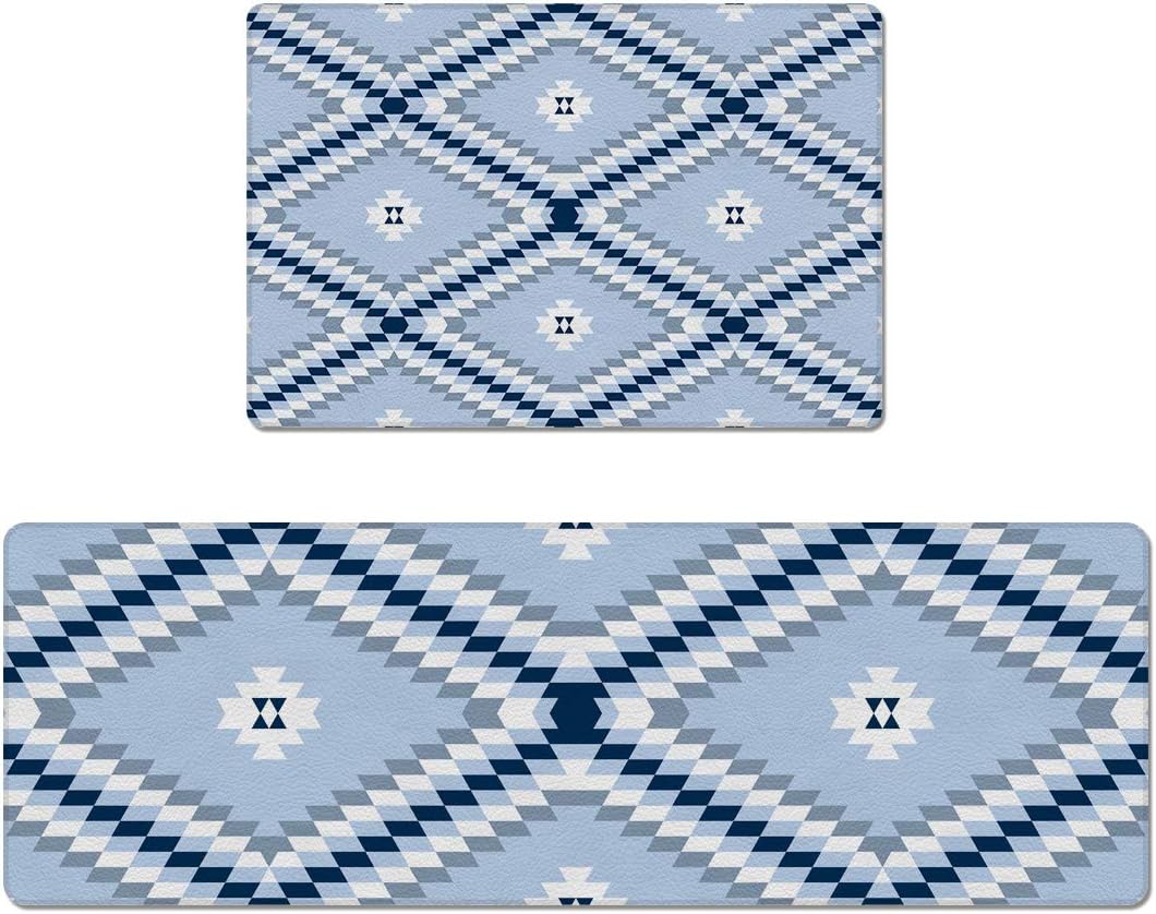 USOPHIA Kitchen Floor Mat Set of 2,Aztec Traditional Pattern Waterproof PVC Non Slip for Indoor Outdoor Home Office Use (18"x30"+18"x59")
