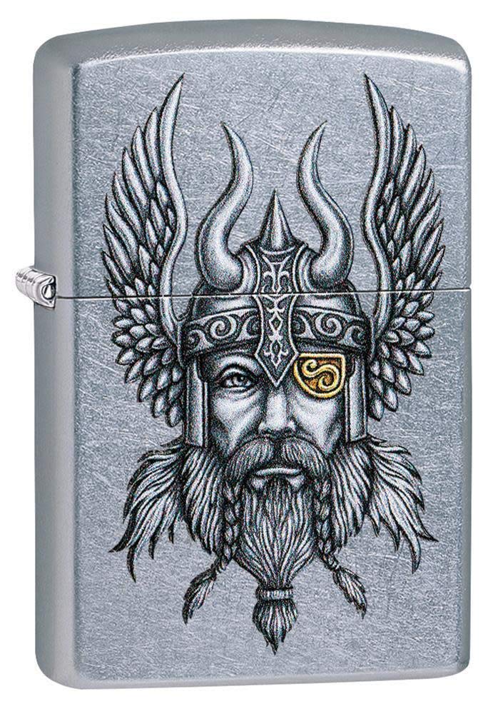 Zippo Windproof Lighter - Viking Norse God - Silver - Street Chrome Finish - Colour Image - Refillable - Reusable - Gift Box - Made in USA