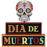 MEETYAMOR Day of the Dead Decor, Wood Block Sugar Skull Dia De Los Muertos Decorations with DIA DE MUERTOS Sign, 3-Layered Wooden Skeleton Decor for Altar, Ofrenda, Home, Table, Mexican Fiesta