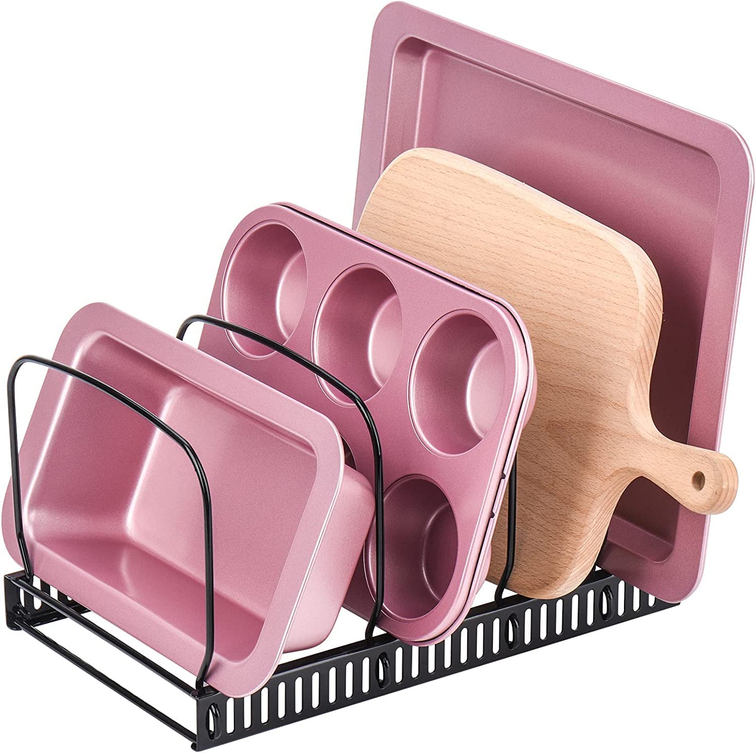 Toplife Bakeware Organiser Rack for Kitchen Cupboard or Pantry, with 10 Adjustable Compartments, Black