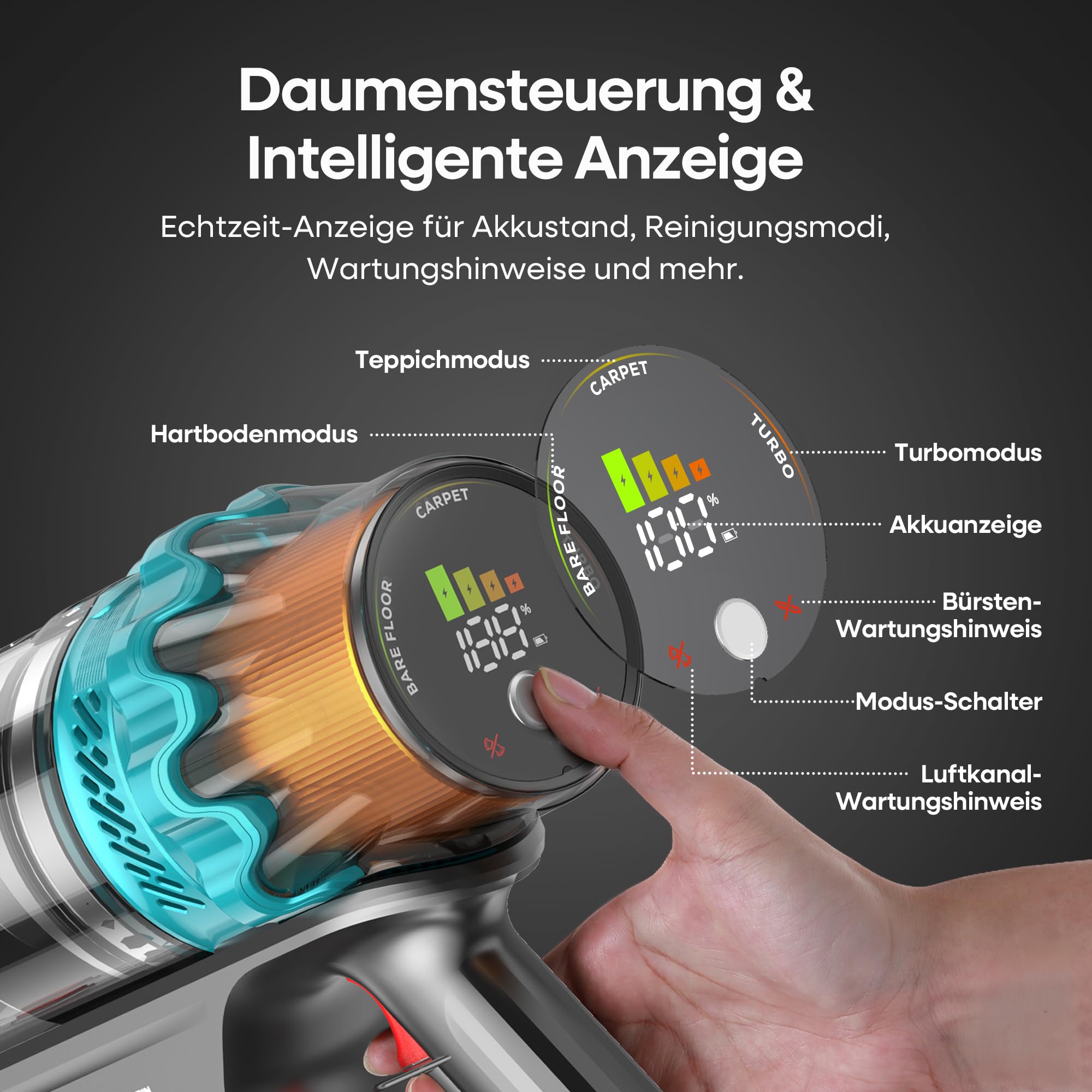 ElecKeys Akku Staubsauger 50000Pa/580W/70Min, Staubsauger Kabellos mit LED Display, 1,8L Akkustaubsauger mit Anti-Tangle-Bürste, Selbststehend für Tierhaare Teppiche Hartböden Auto, Blau, K10 3