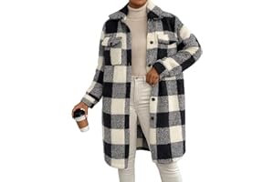 Women's Plaid Jacket Fuzzy Fleece Fall Winter Button Down Coats Shackets Casual Warm Outerwear Coat