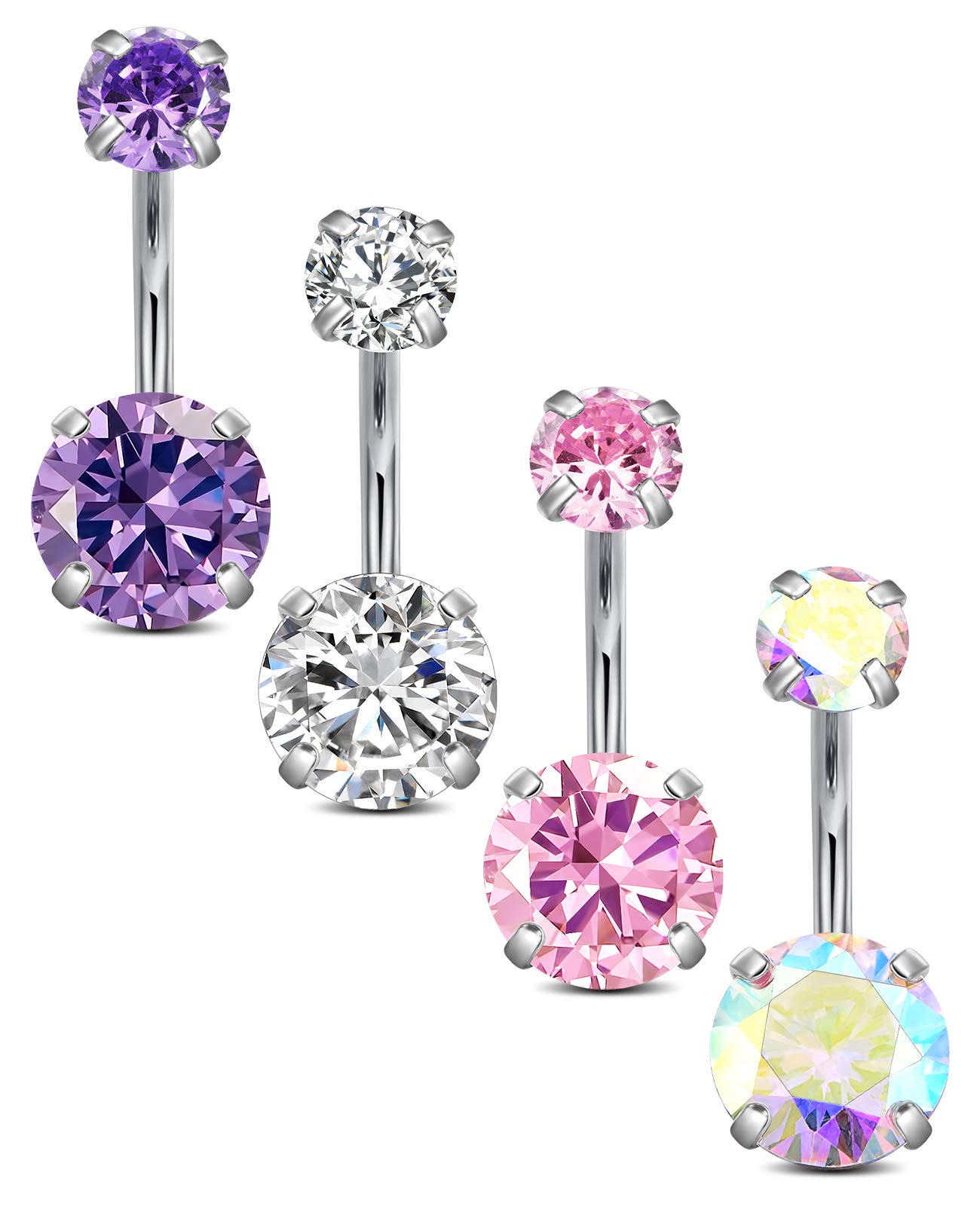 VCMART 4pcs Belly Bars Pack 6/8/10/12mm Navel Button Rings Set Stainless Steel 14G Piercing Jewellery CZ