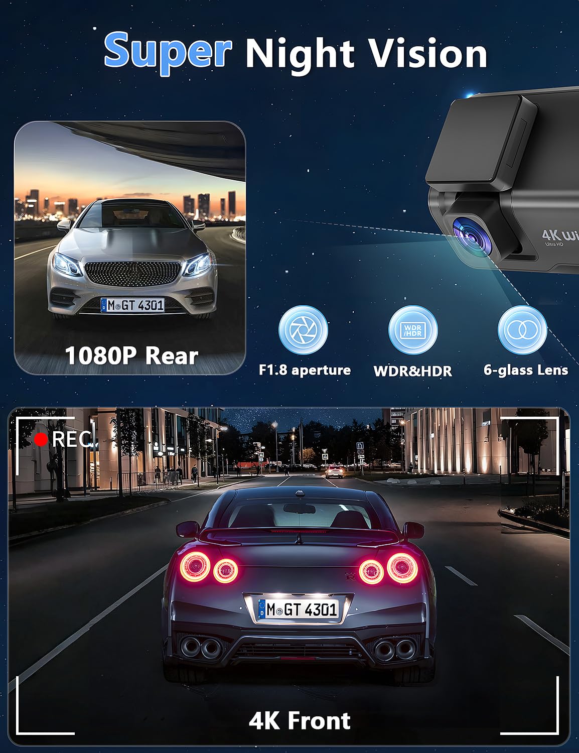 Dash Cam Front and Rear Camera, 4k+1080P WiFi Dual Dash Cam with APP, 3’’ IPS Dash Camera for Cars with Free 64GB Card, Otovoda Dashboard Camera with Night Vision, 24/7 Parking Monitor, WDR