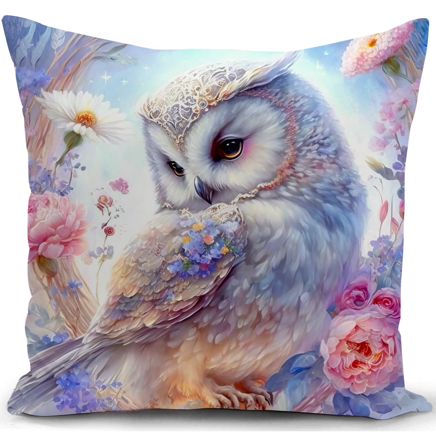 KUNQIAN Cushion Cover Owl Decorations Pillow Cover Owl Animal Ornaments Flowers Gifts for Women Outdoor Decor Home Livingroom Couch Sofa 18"x18"(45x45cm)