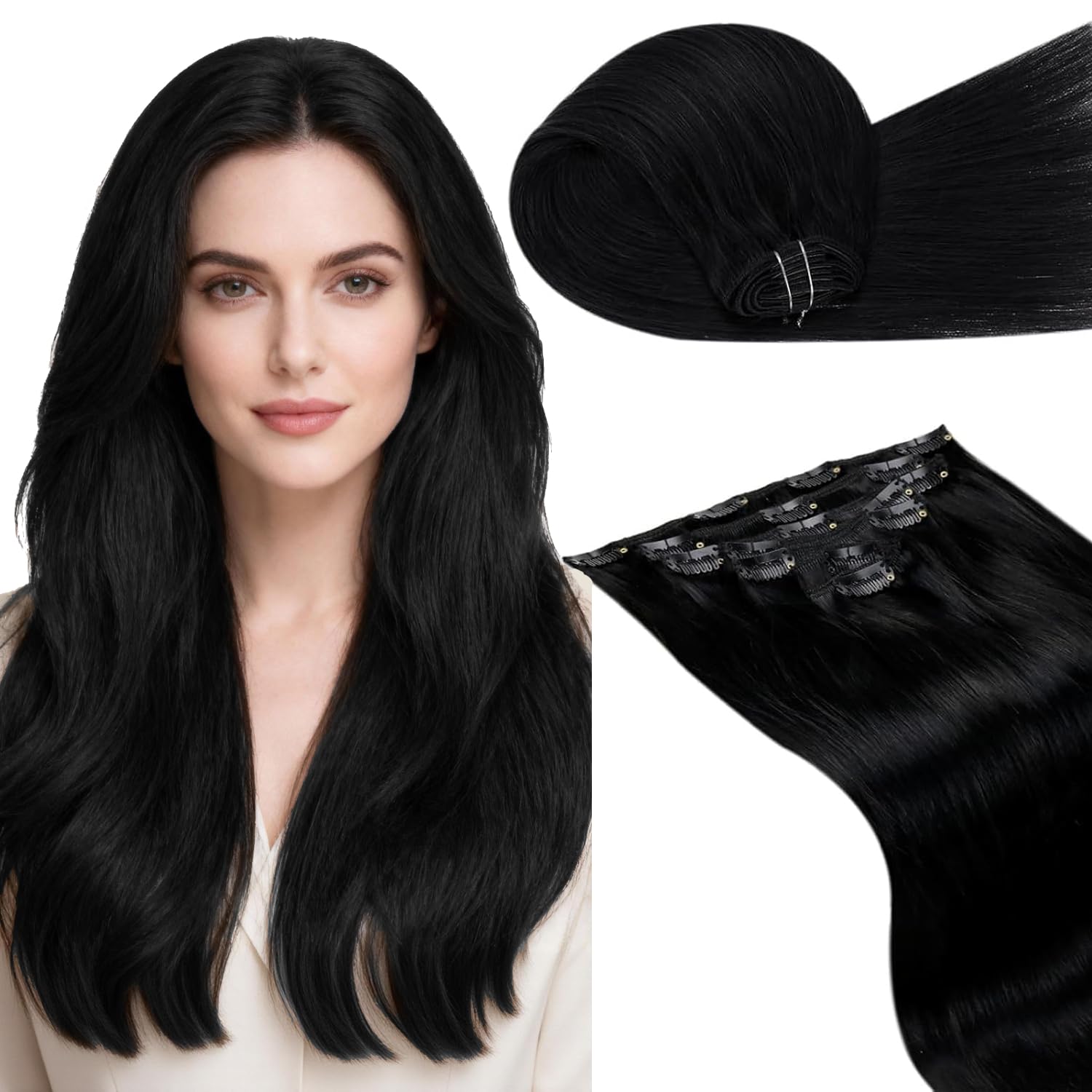 LaaVoo Black Hair Extensions Clip in 14 Inch Clip in Hair Extensions Real Human Hair Natural Black 120g 7pcs Full Head Remy Straight Hair Double Weft #1