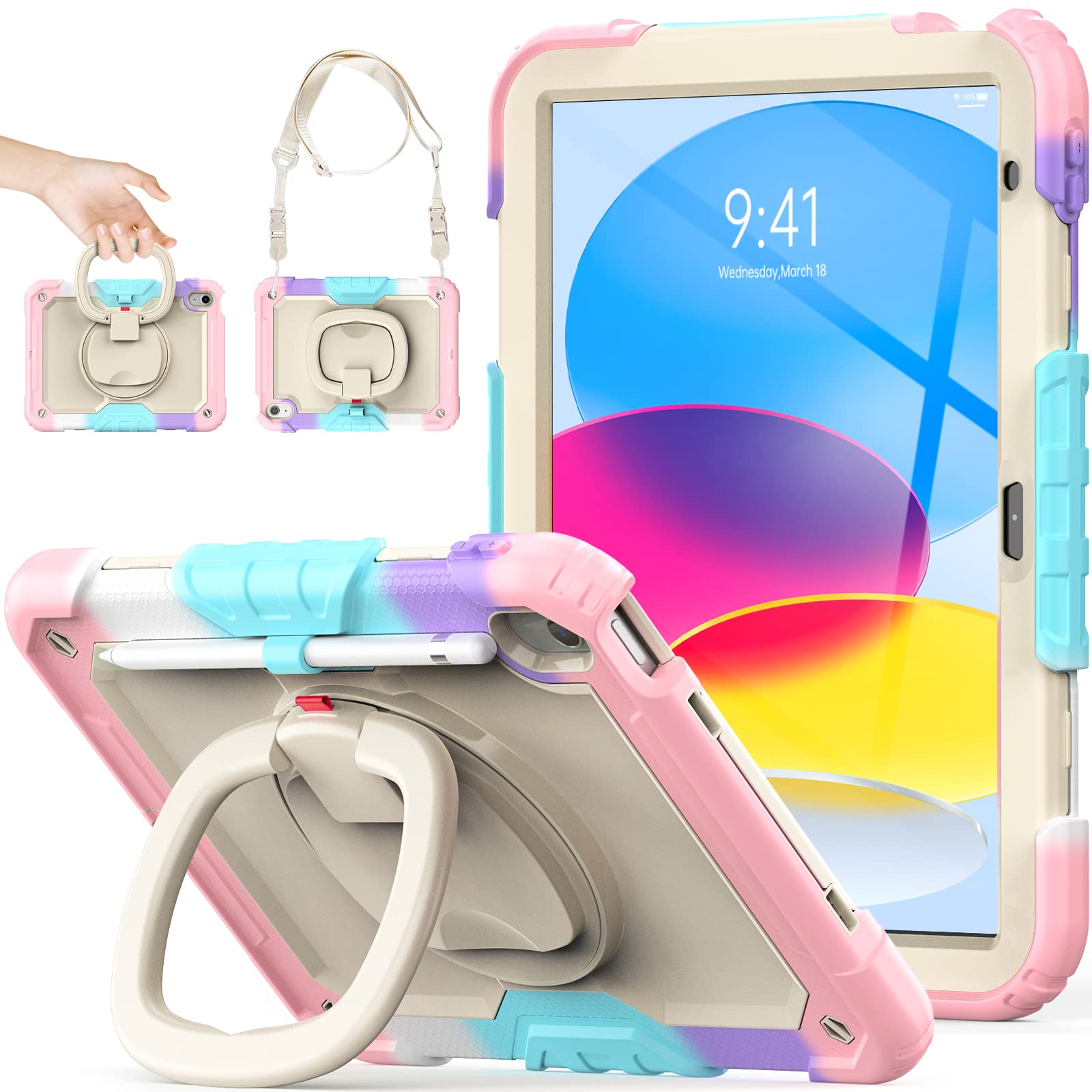 SEYMAC stock Kids Case for iPad (A16) 11th/10th Generation 11''/10.9'' 2025/2022, Full Body Shockproof Case with Screen Protector, 360° Rotating Handle Stand, Pencil Holder & Shoulder Strap, Pink