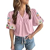 Whrounnk Women's Casual Floral Embroidered V Neck Boho Short Puff Sleeve Mexican Shirts Loose Summer Blouses Tops 2025 Pink S