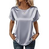 Zeagoo Satin Blouse for Women Business Casual Outfit Short Sleeve Tops Crewneck Tshirt Silk Shirt Summer Clothes