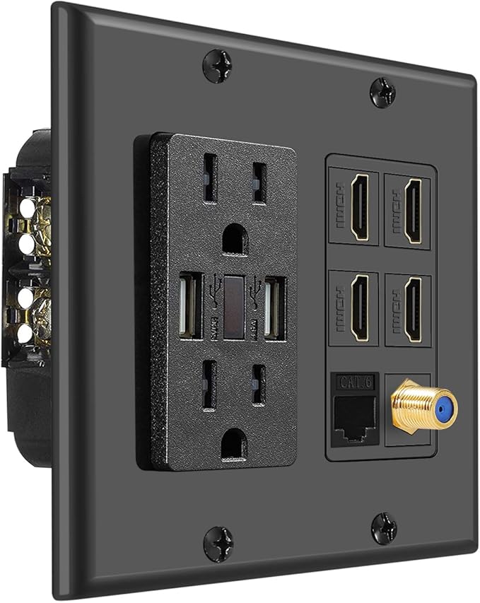 TNP Media Wall Plug Outlet Plate 2 Gang Black w/ 2 USB Outlet, 15A Dual