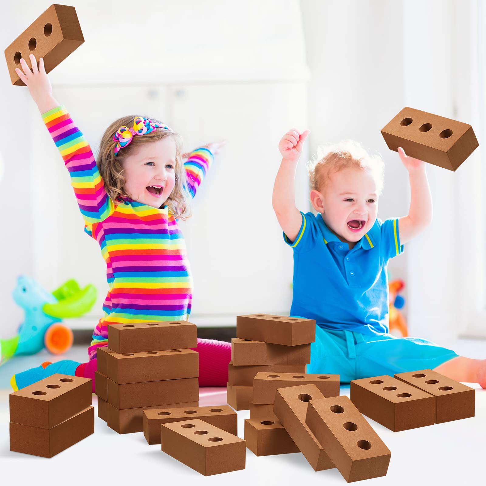 Deekin 30 Pcs Foam Brick Building Blocks for Kids Thick Blocks Foam Large Fake Brick Construction Toy for Stacking Construction, 8 x 4 x 2.4 in (Circle Holes)