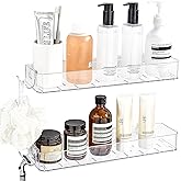 CQUNM 2 Pack Acrylic Shower Shelves, Clear Bathroom Tray with Hooks, Adhesive Wall Mount Shower Caddy Organizer for Bathroom 