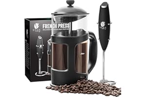 Bean Envy French Press Coffee Maker and Milk Frother Set - 34 oz Glass Carafe Coffee Press & Drink Mixer Duo w/ Stainless Steel Stand