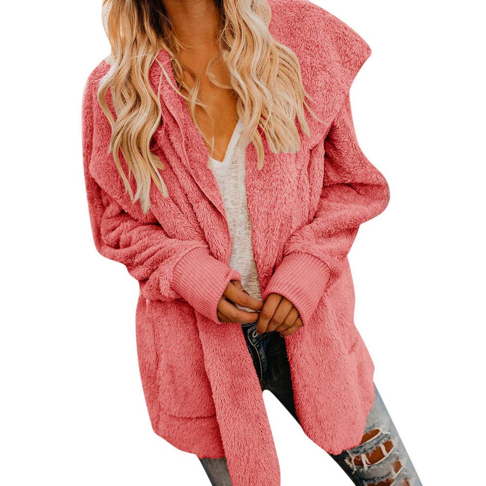 Caopixx Women Long Sleeve Zip Outwear Open Front Hooded Pockets Fuzzy