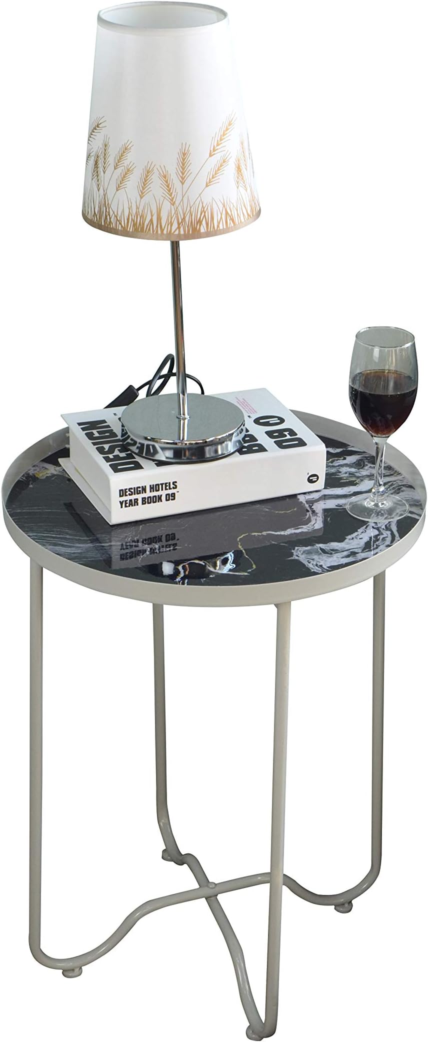 Round Side Table,Metal End Table,Telephone Small Tables for Living Room, Accent Tables, Bedroom Furniture for Small Spaces,White Faux Marble,Grey & Black by AOJEZOR