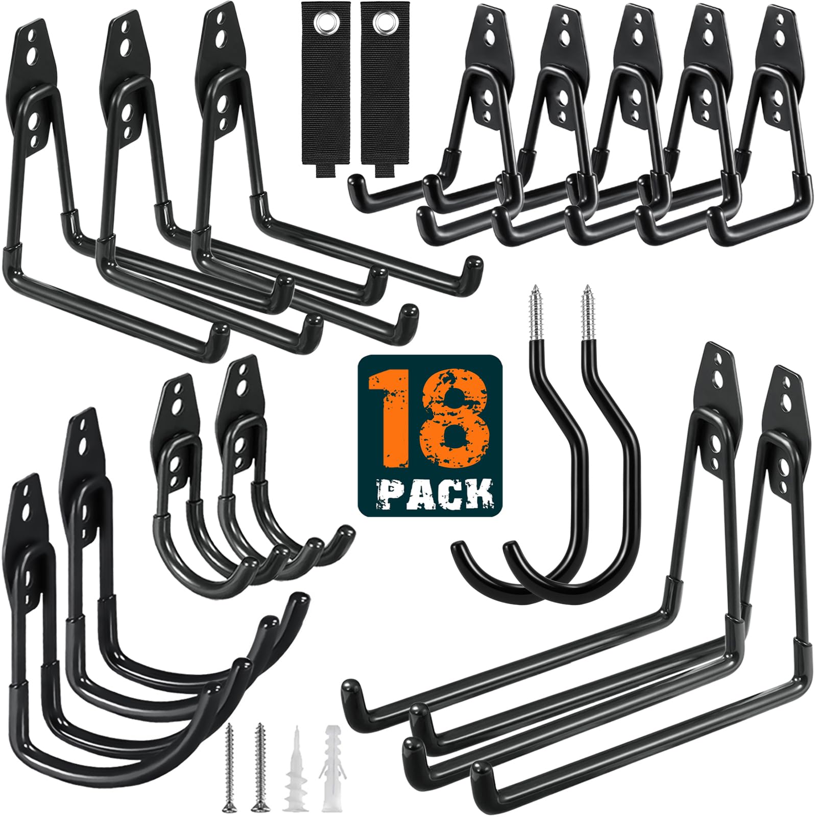 HUPBIPY 18 Pack Garage Hooks Heavy Duty Utility Steel with Anti-Slip Coating Wall Mount Storage Organizer for Hanging Power and Garden Tools, Ladders, Hose, Bikes, Ropes, Bulk Items, and More Image