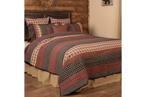 VHC Brands Beckham King Quilt 105Wx95L Country Rustic Patchwork Design, Rust Red and Tan