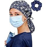 Satin Lined Scrub Cap for Women Extra Large Long Hair Surgical Nurse Cap 4 Buttons
