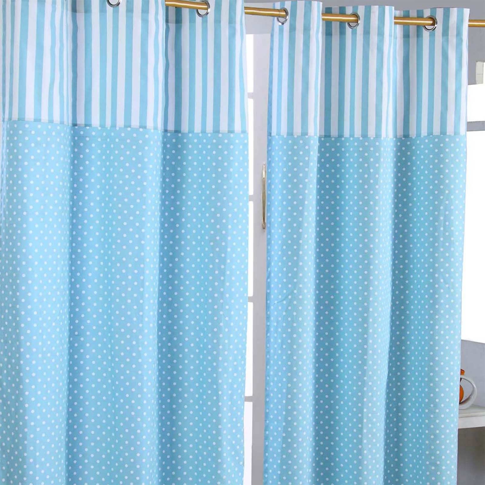 HOMESCAPES 100% Cotton Unlined Eyelet Curtain Pair - Polka Dots - Blue - 117cm (46") Wide x 137cm (54") Drop