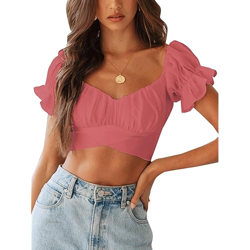 LYANER Women's Ruffle Short Sleeve Tie Up Back Crop Top Off Shoulder Bardot Blouse