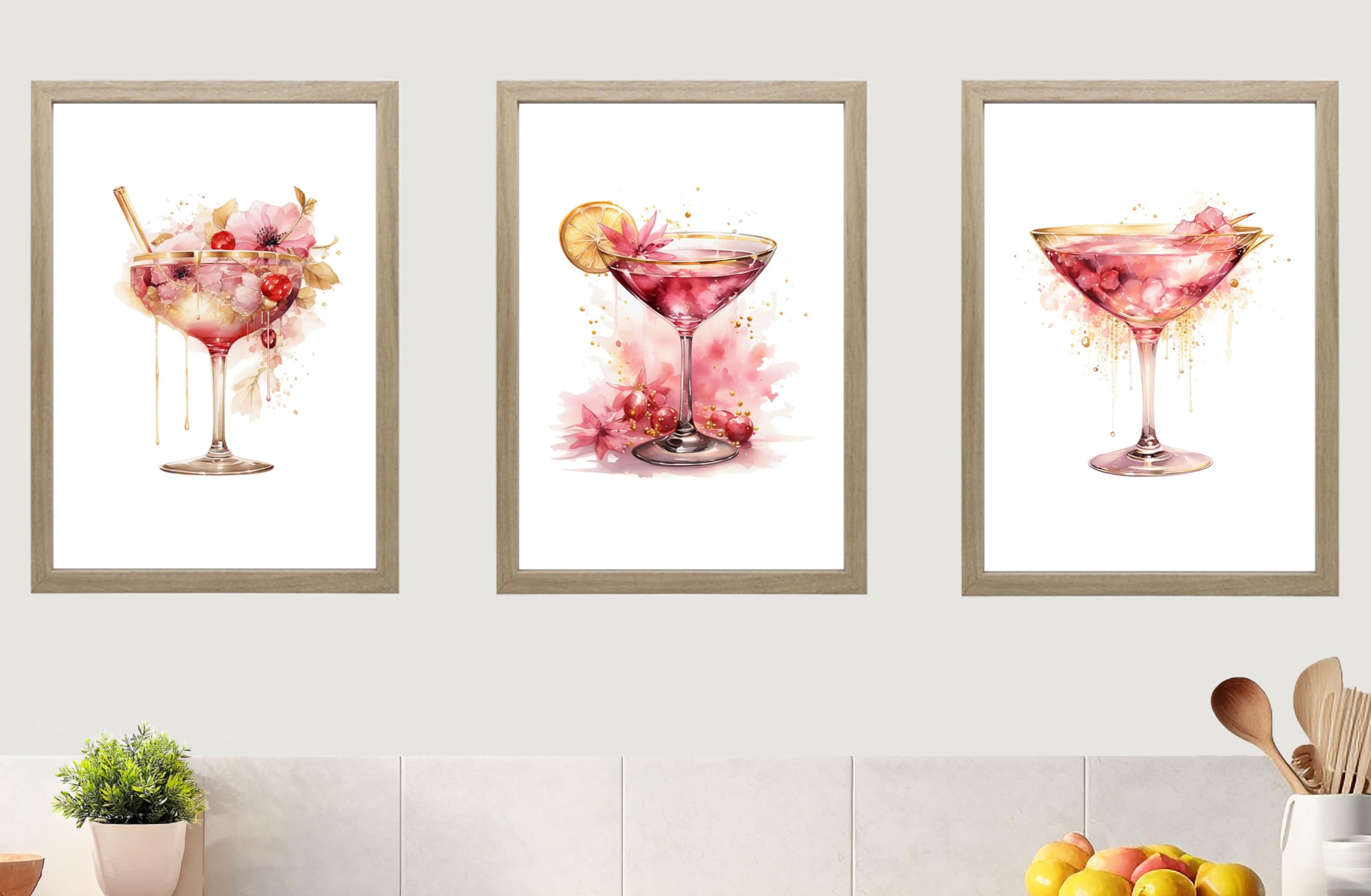 Pink Cocktails Set of 3 Unframed Wall Poster Prints, Beautiful Watercolour Design, Bathroom Bedroom Lounge Kitchen Office Home Décor, Martini Glasses Cherries Flowers, Pink and Gold (A4)