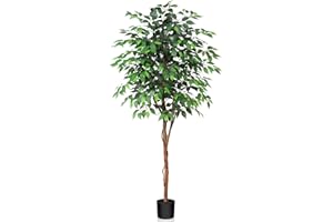 Kazeila 6 Feet Artificial Ficus Tree - Fake Silk Plants with Lifelike Leaves and Natural Wood Trunk - Faux Potted Tree for Indoor Home Decor