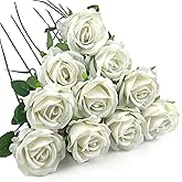 DECEED 10 PCS Artificial Roses with Long Stems Silk Flowers Realistic Foam Flowers Fake Roses for Valentine's Day Home Wedding Halloween Decor(White)