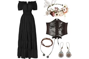 HSDOU 5 Pcs Renaissance Medieval Costume Dress Women Fairy Dress Peasant Cottagecore Dress 1700s Victorian Fairy Costume