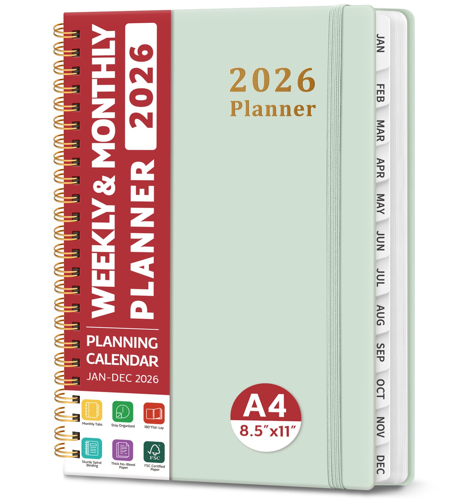 Photo 1 of 2026 Planner, Weekly and Monthly Calendar Planner, January 2026 - December 2026, Hardcover 2026 Calendar Book with Tabs For Women & Men, Inner Pocket, Spiral Bound, Perfect for Office Home School Supplies - A4 (8.5" x 11"), Mint
