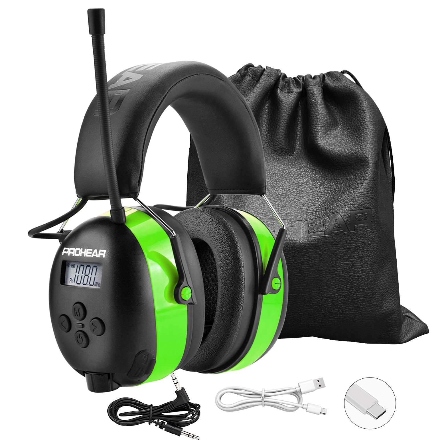 PROHEAR 033 Bluetooth Ear Defenders for Adults with AM/FM Radio, Rechargeable Electronic Hearing Protection, Noise Reduction Wireless Safety Muffs with AUX Input for Mowing & Work (Green)