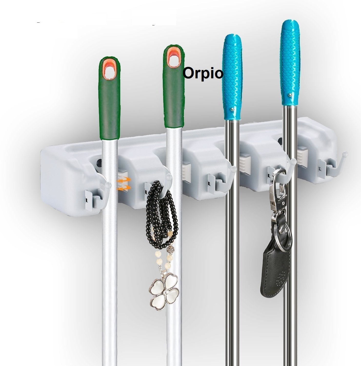 Orpio Lable Plastic Mop And Broom Holder Multipurpose Wall Mounted Organizer Storage Hooks Ideal Broom Hanger For Kitchen Garden And Garage 4 Position 5 Hooks Grey Amazon In Home Improvement