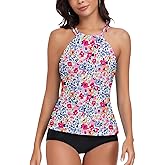 WOWENY Womens Swim Tankini Tops High Neck Bathing Suit Slim Fit Swim Tops UPF 50+ Tummy Control Swimsuits No Bottom