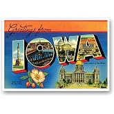 GREETINGS FROM IOWA vintage reprint postcard set of 20 identical postcards. Large letter US state name post card pack (ca. 1930's-1940's). Made in USA.