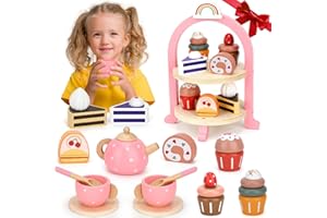 HEANING Tea Party Set Girl Toys - Wooden Tea Set for Little Girls Kids Toddlers Pretend Play Food Kitchen Birthday Gifts Toys for Girls 3 4 5 6 7 Year Old Girl