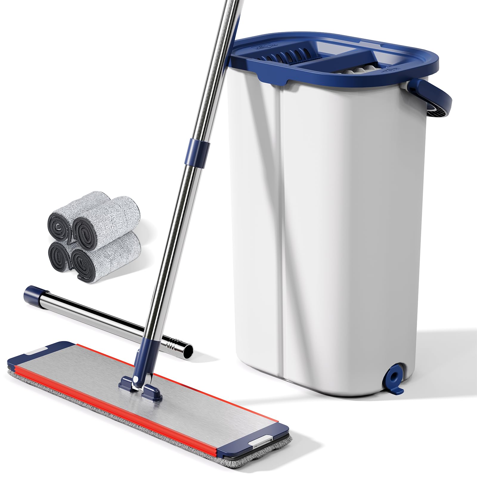 Photo 1 of Large Mop and Bucket with Wringer Set for Home, Hands Free Flat Floor Mop and Bucket System with 4 Washable Microfiber Pads, Wet and Dry Use, Mops for Floor Cleaning, Two Bucket Mop System