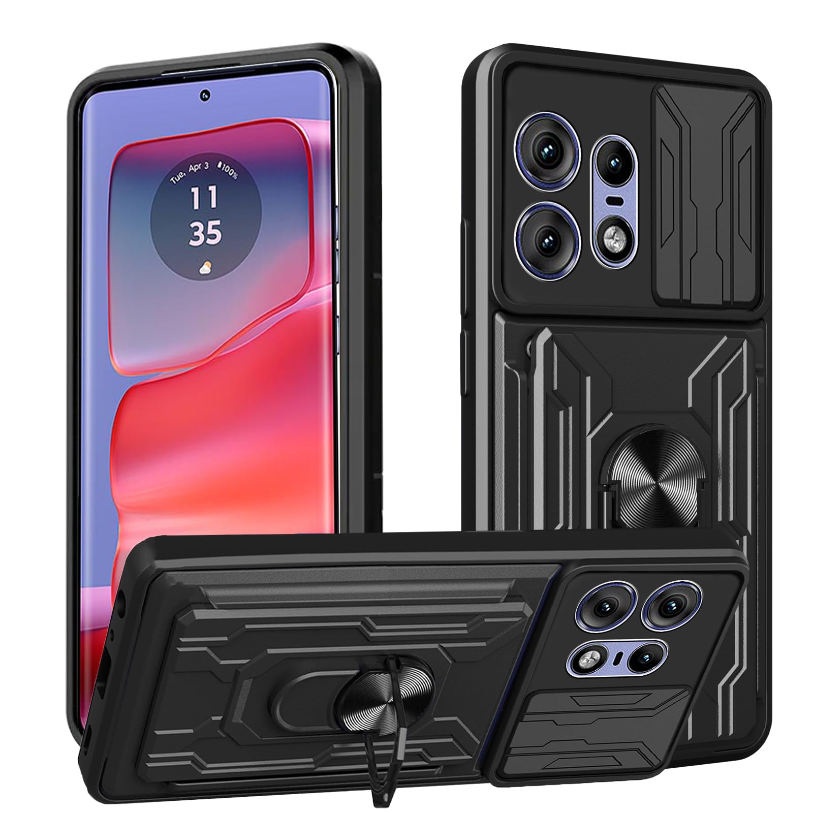 KZIOACSH Case for Motorola Edge 50 PRO 5G, Military Grade Drop Protection Phone Case [360°Rotate Magnetic Ring Stand][Slide Camera Lens][Removable Card Holder] Anti-Scratch Hybrid Bumper Cover, Black