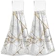 Selerdon Kitchen Hand Towel White Marble Hanging Tie Towels 2 Pieces Fast Dry Absorbent Soft Touch Used for Home Bathroom Decoration