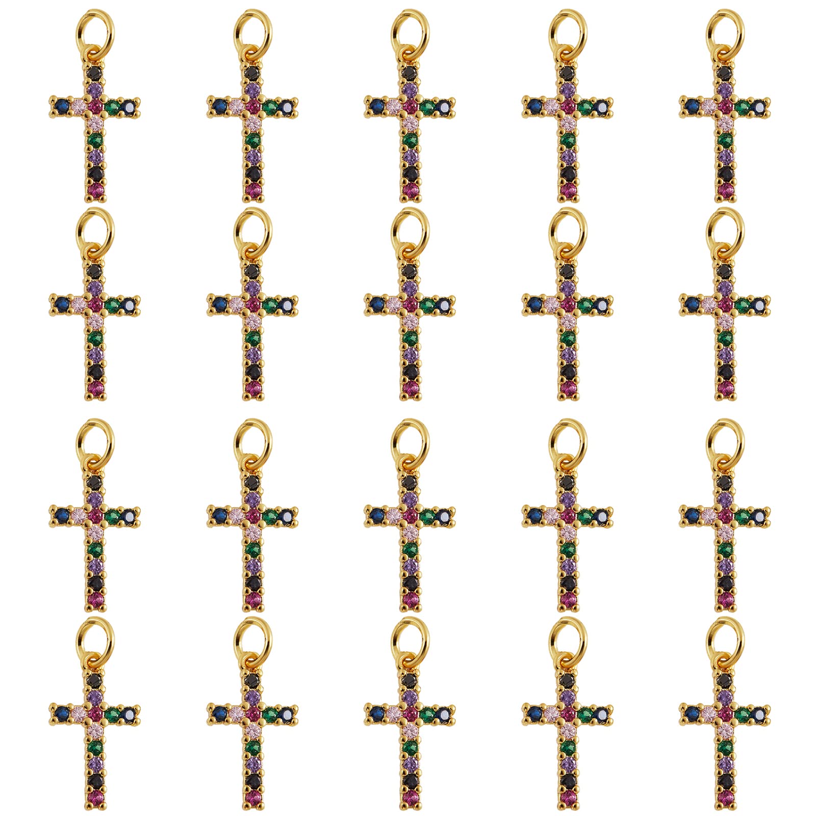 COGCHARGER 20 Pcs Colorful Cubic Zirconia Cross Pendants Charms Golden Brass Crucifix Cross Pendants for Religious Jewelry Necklace Making