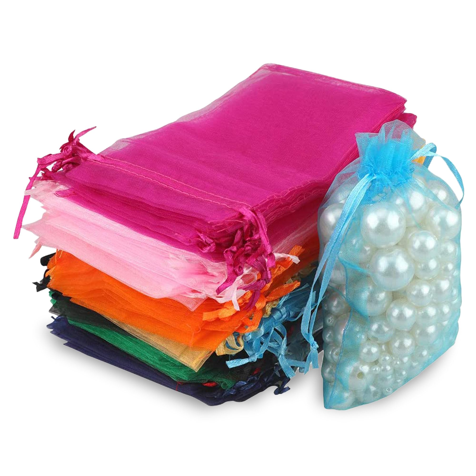 WedDecor 100pcs Multi Colours Mini Drawstring Organza Bags 9cm x 12cm – Small Sheer Gift Bags for Wedding Favors, Christmas, Birthdays, Jewellery, Party Supplies - Clear Mesh Pouches