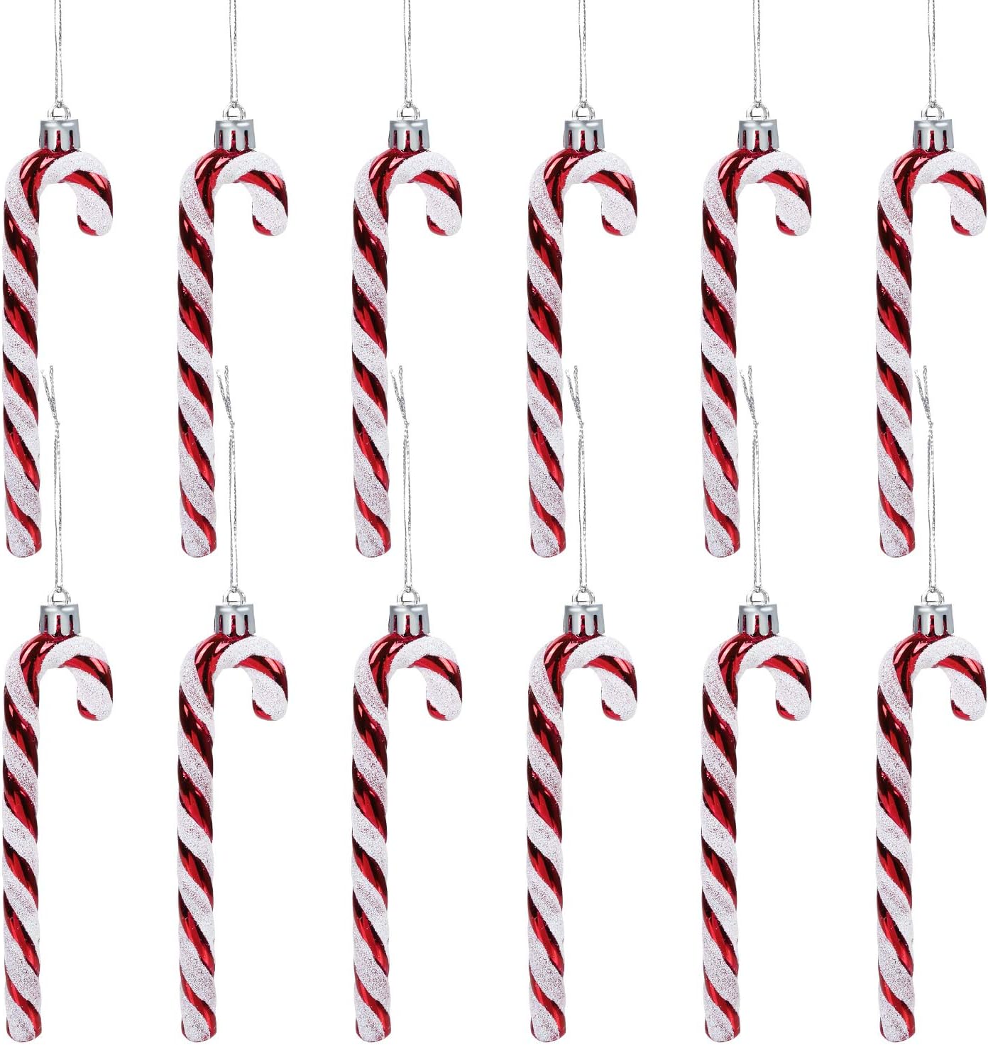Ornaments - GWHOLE 12 Pack of Glitter Christmas Plastic Candy Cane Christmas Tree Hanging Ornaments for Holiday Party Decoration Favors, Red